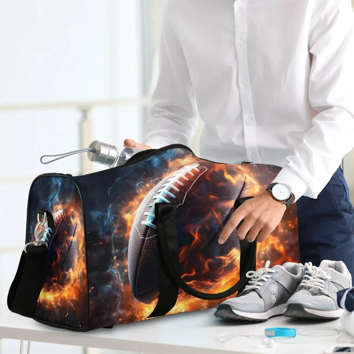 American Footballs Fire Ball Travel Duffel Bag for Women Men Waterproof Foldable Overnight Weekender Bag Large Capacity Sports Gym Bag