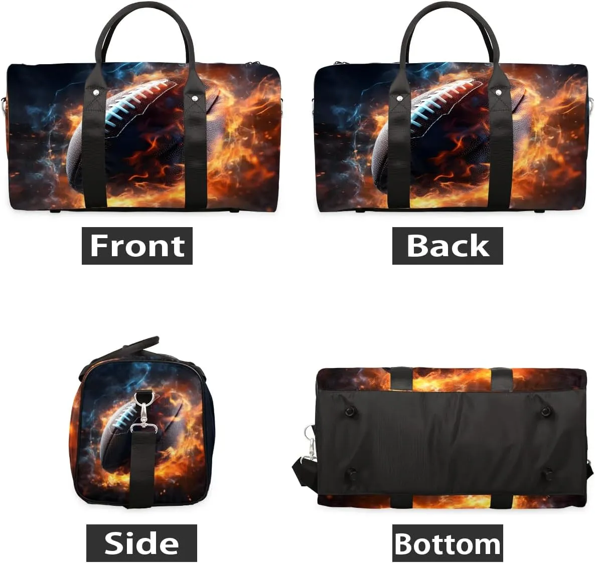 American Footballs Fire Ball Travel Duffel Bag for Women Men Waterproof Foldable Overnight Weekender Bag Large Capacity Sports Gym Bag