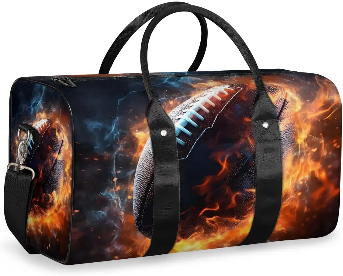 American Footballs Fire Ball Travel Duffel Bag for Women Men Waterproof Foldable Overnight Weekender Bag Large Capacity Sports Gym Bag