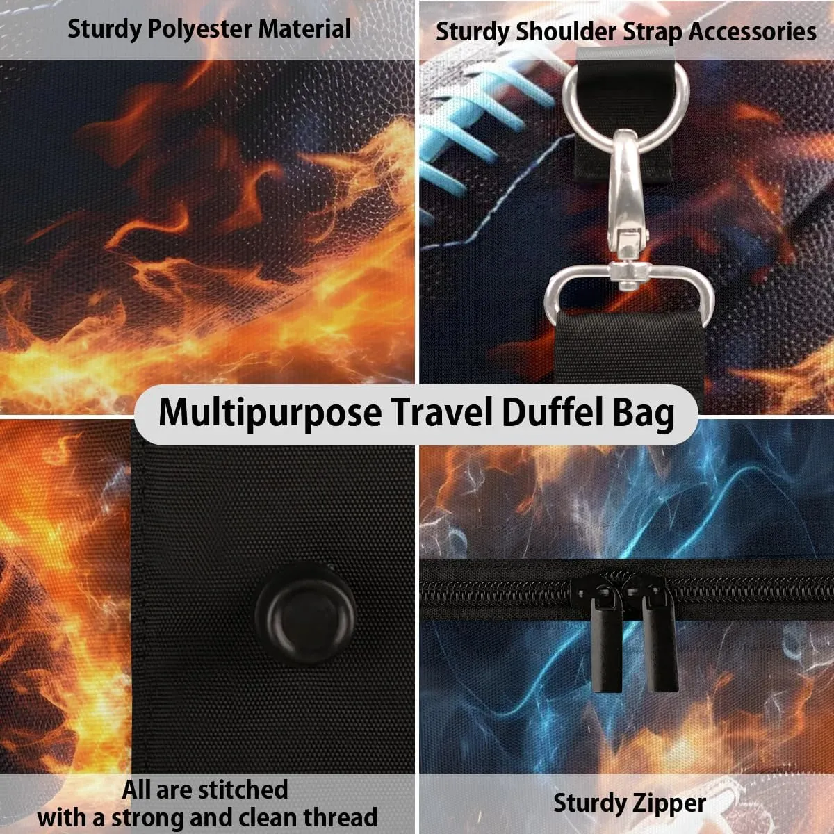 American Footballs Fire Ball Travel Duffel Bag for Women Men Waterproof Foldable Overnight Weekender Bag Large Capacity Sports Gym Bag