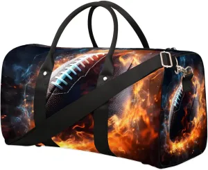 American Footballs Fire Ball Travel Duffel Bag for Women Men Waterproof Foldable Overnight Weekender Bag Large Capacity Sports Gym Bag