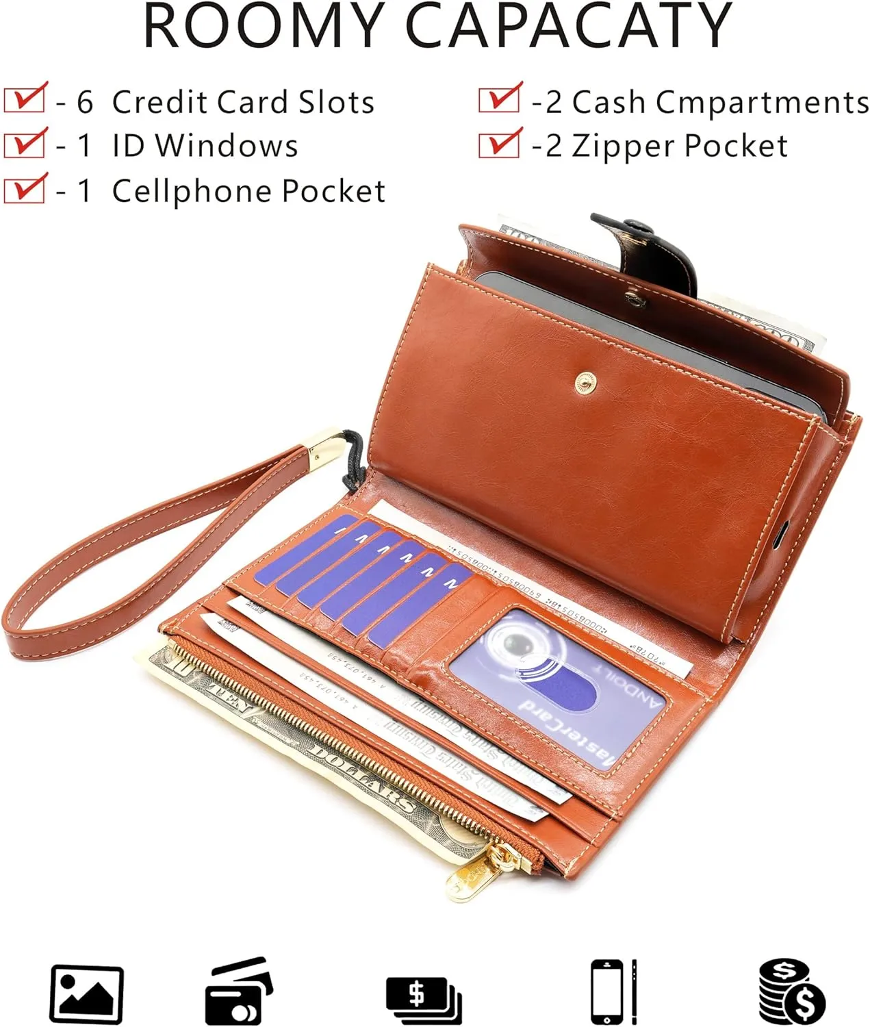 ANDOILT Wallet Women RFID Blocking Genuine Leather Bifold Multi Card Organizer Wristlet Purse Cell Phone Handbag