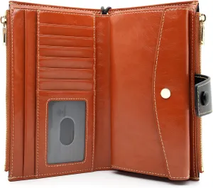 ANDOILT Wallet Women RFID Blocking Genuine Leather Bifold Multi Card Organizer Wristlet Purse Cell Phone Handbag