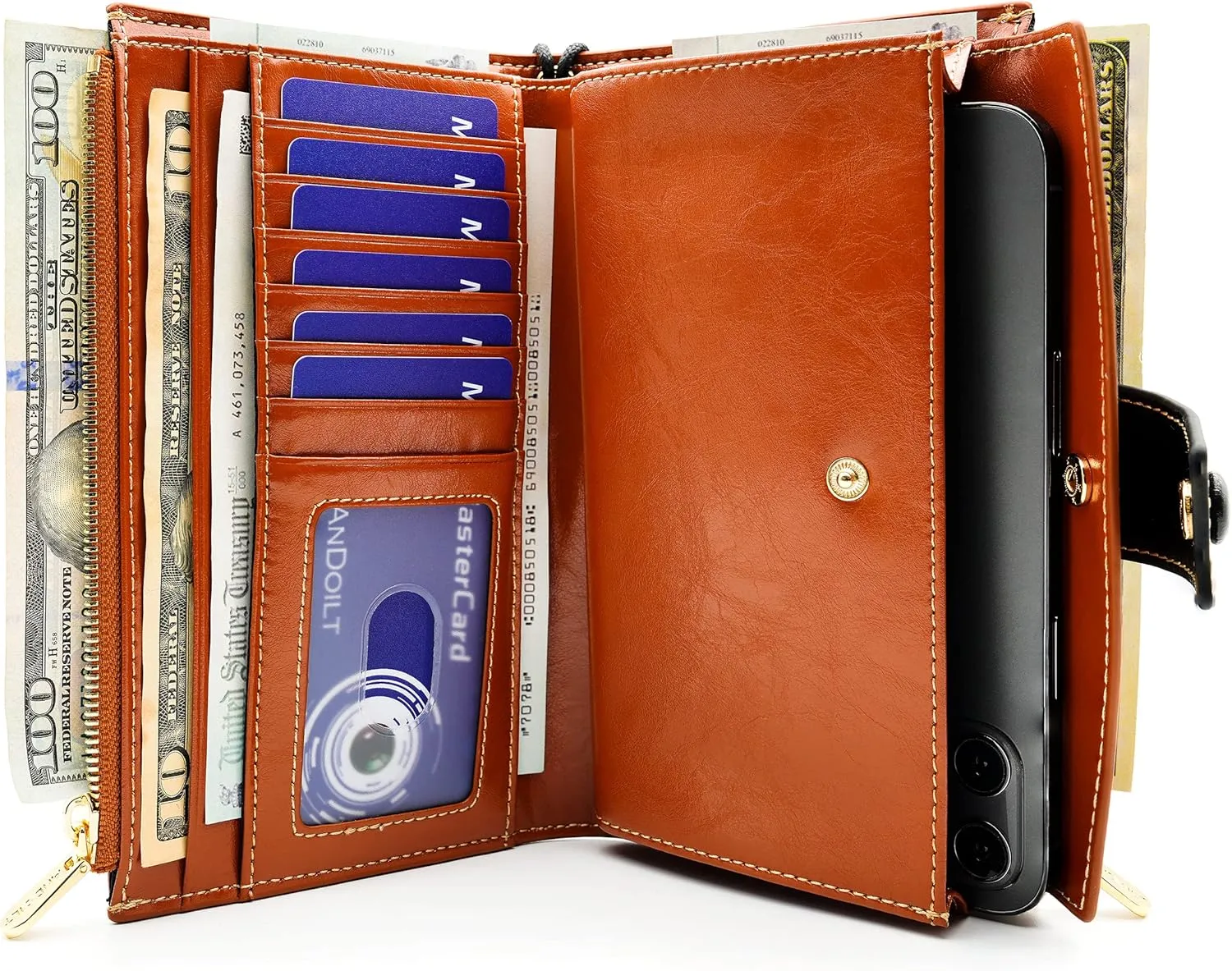 ANDOILT Wallet Women RFID Blocking Genuine Leather Bifold Multi Card Organizer Wristlet Purse Cell Phone Handbag