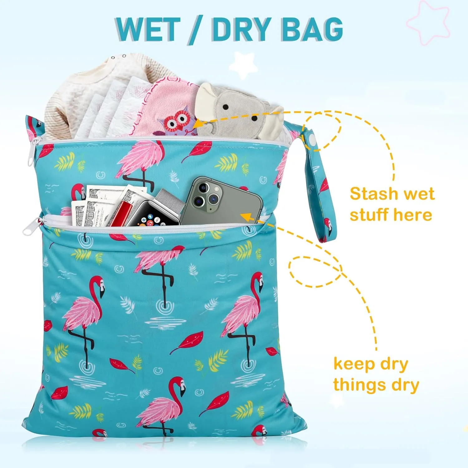 Angel Love Wet Bags for Baby, 3 Pack Wet Dry Bags for Baby Cloth Diaper, Wet Bathing Suit Bag Waterproof with Two Zippered Pockets, Washable Wet Bag for Swimsuit Travel Beach Pool Gym for Wet Clothes