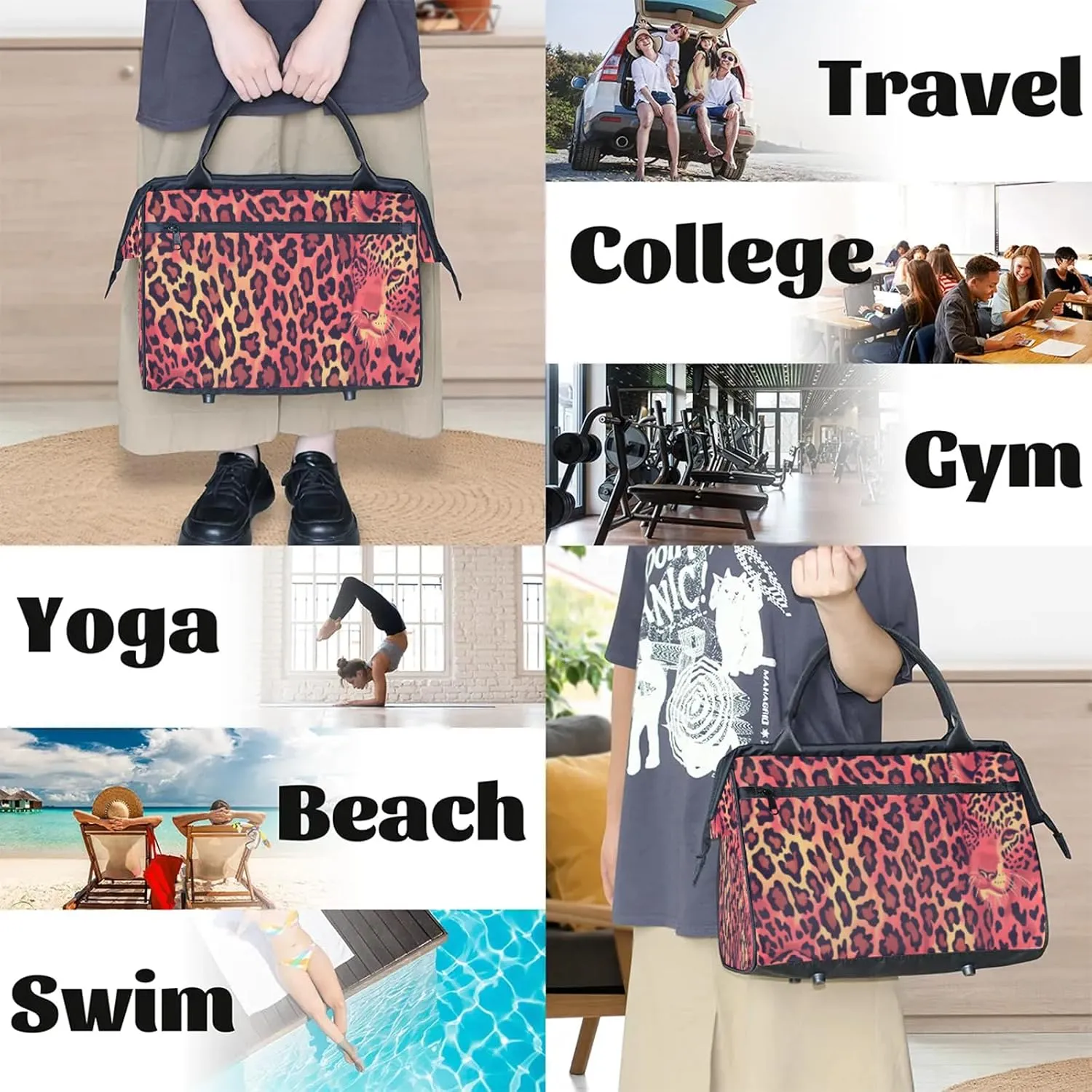 Animal Leopard Large Travel Duffel Bag Gym Tote Bag for Women Men Waterproof Weekend Overnight Bag Carry On Tote Luggage with Pocket Personal Item Bags Sports Bag fit Travel Sports Gym Yoga