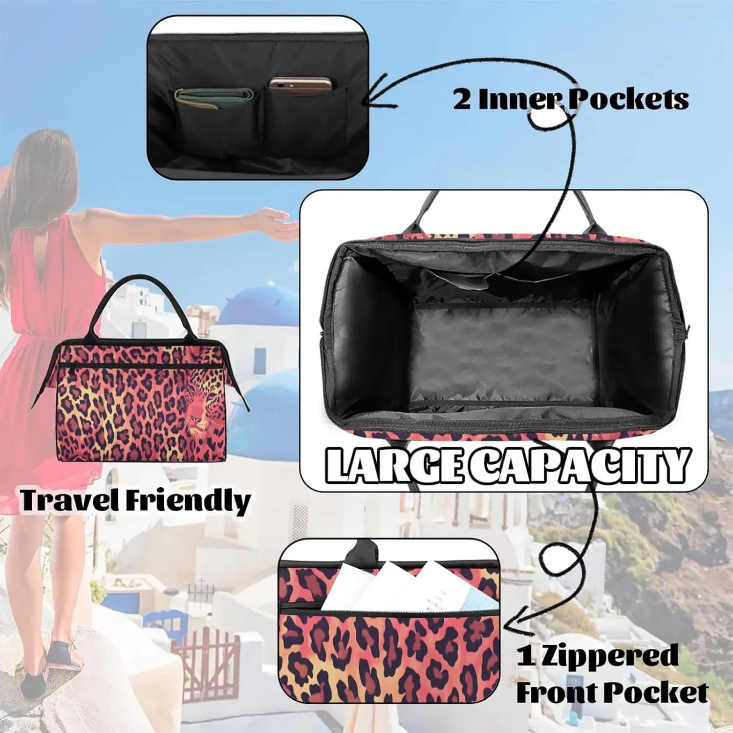 Animal Leopard Large Travel Duffel Bag Gym Tote Bag for Women Men Waterproof Weekend Overnight Bag Carry On Tote Luggage with Pocket Personal Item Bags Sports Bag fit Travel Sports Gym Yoga