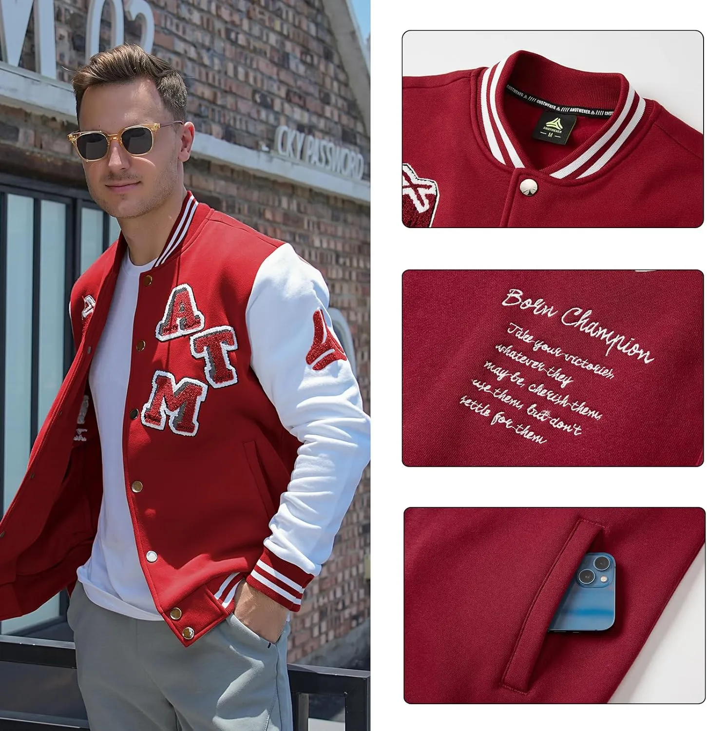 ANOTWENER Men's Varsity Jacket Vintage Baseball Button Jackets Long Sleeve with Letters Casual Coats for Men