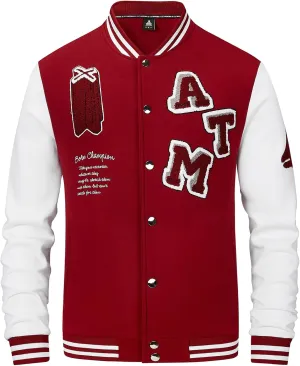 ANOTWENER Men's Varsity Jacket Vintage Baseball Button Jackets Long Sleeve with Letters Casual Coats for Men
