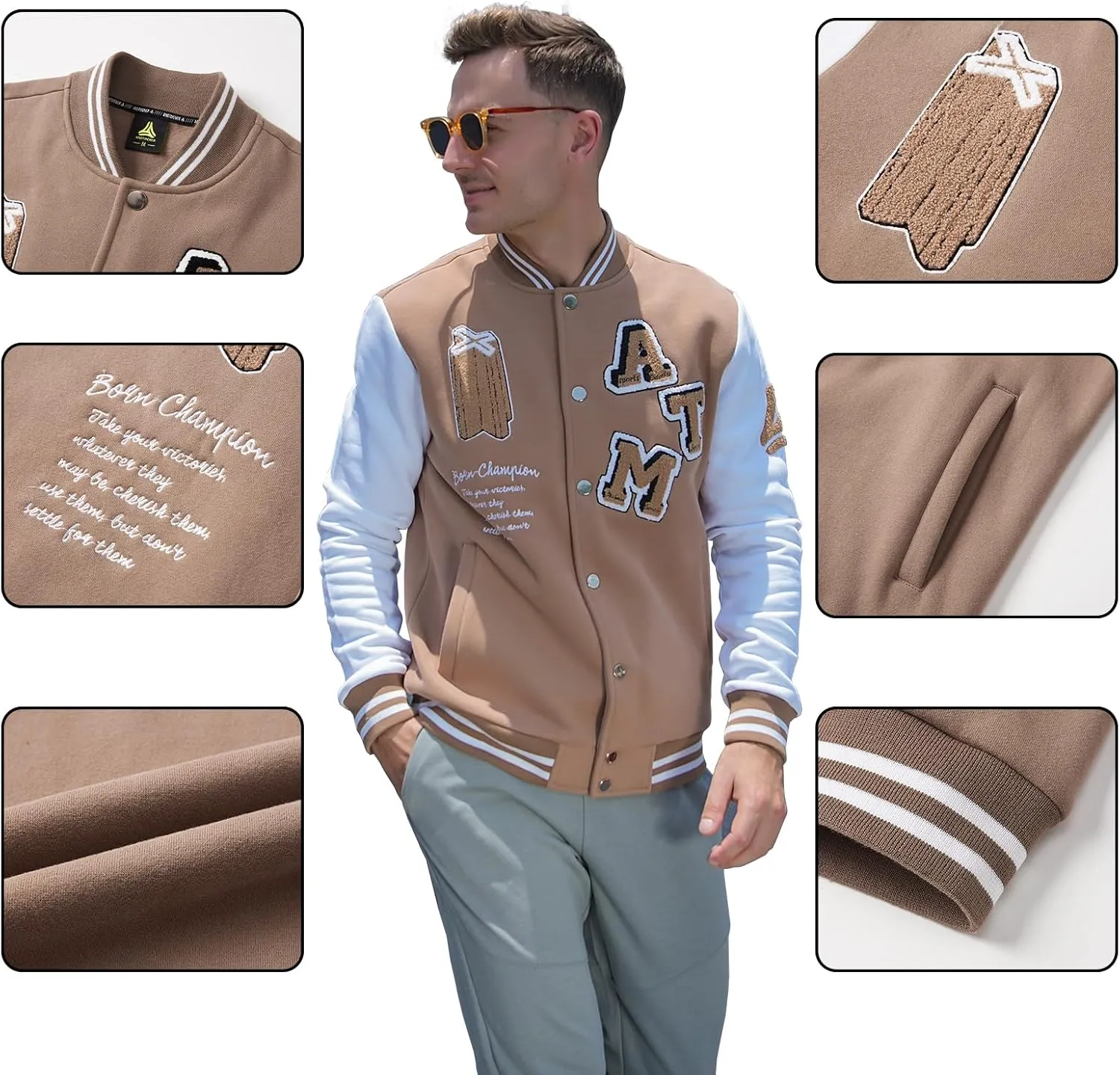 ANOTWENER Men's Varsity Jacket Vintage Baseball Button Jackets Long Sleeve with Letters Casual Coats for Men