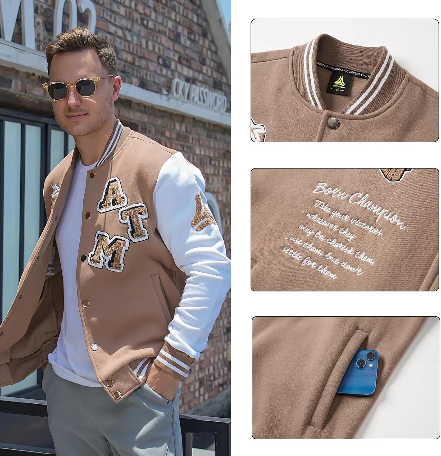 ANOTWENER Men's Varsity Jacket Vintage Baseball Button Jackets Long Sleeve with Letters Casual Coats for Men