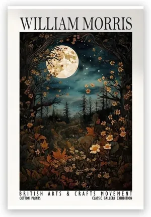 ANtruncate William Morris Full Moon Over Woodland Print - Cotton Print Exhibition Vintage William Morris Luxury Plants Leaves Trees Moon Stars Living Room Home Decor Wall Art Unframed20x30inch