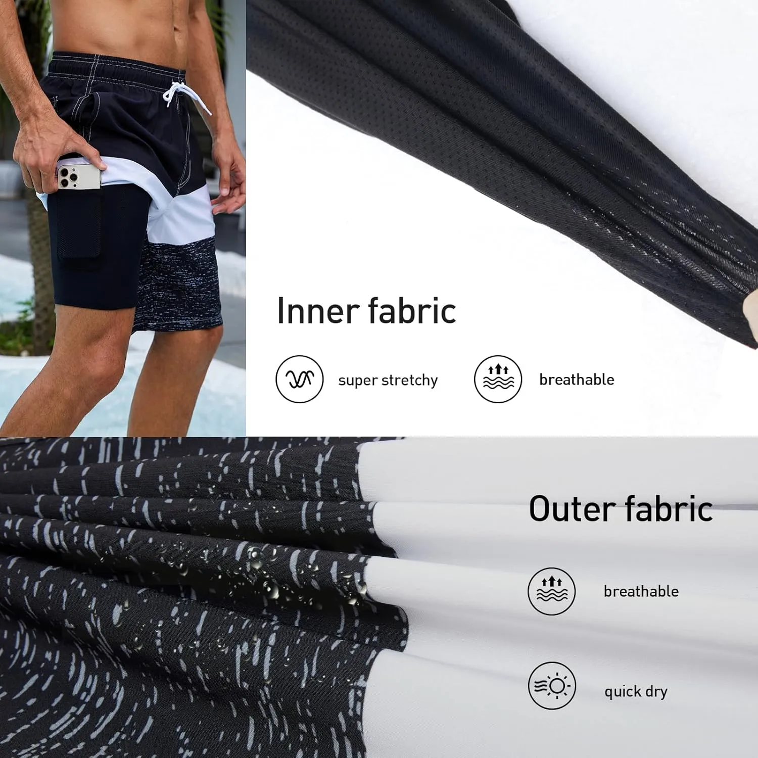 Arcweg Mens Swim Trunks with Compression Liner 9” Men Beach Board 2 in 1 Bathing Suit with Zipper Pockets, Quick Dry