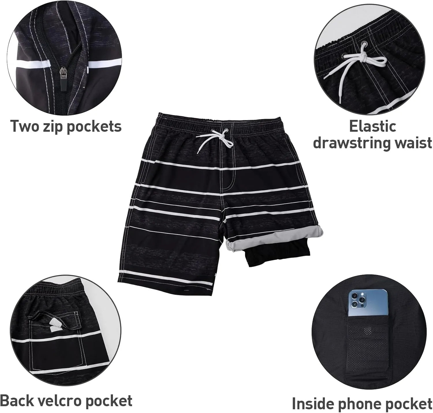 Arcweg Mens Swim Trunks with Compression Liner 9” Men Beach Board 2 in 1 Bathing Suit with Zipper Pockets, Quick Dry