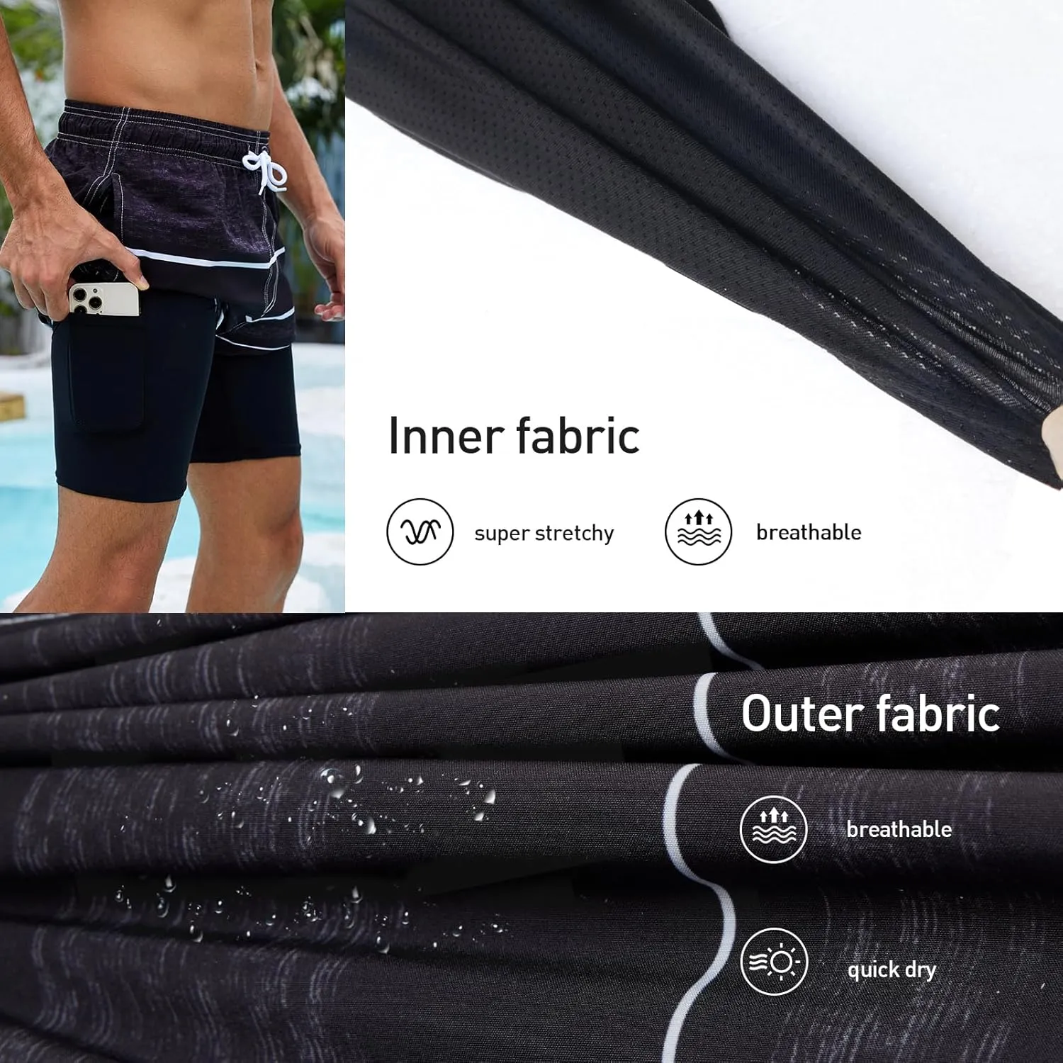 Arcweg Mens Swim Trunks with Compression Liner 9” Men Beach Board 2 in 1 Bathing Suit with Zipper Pockets, Quick Dry