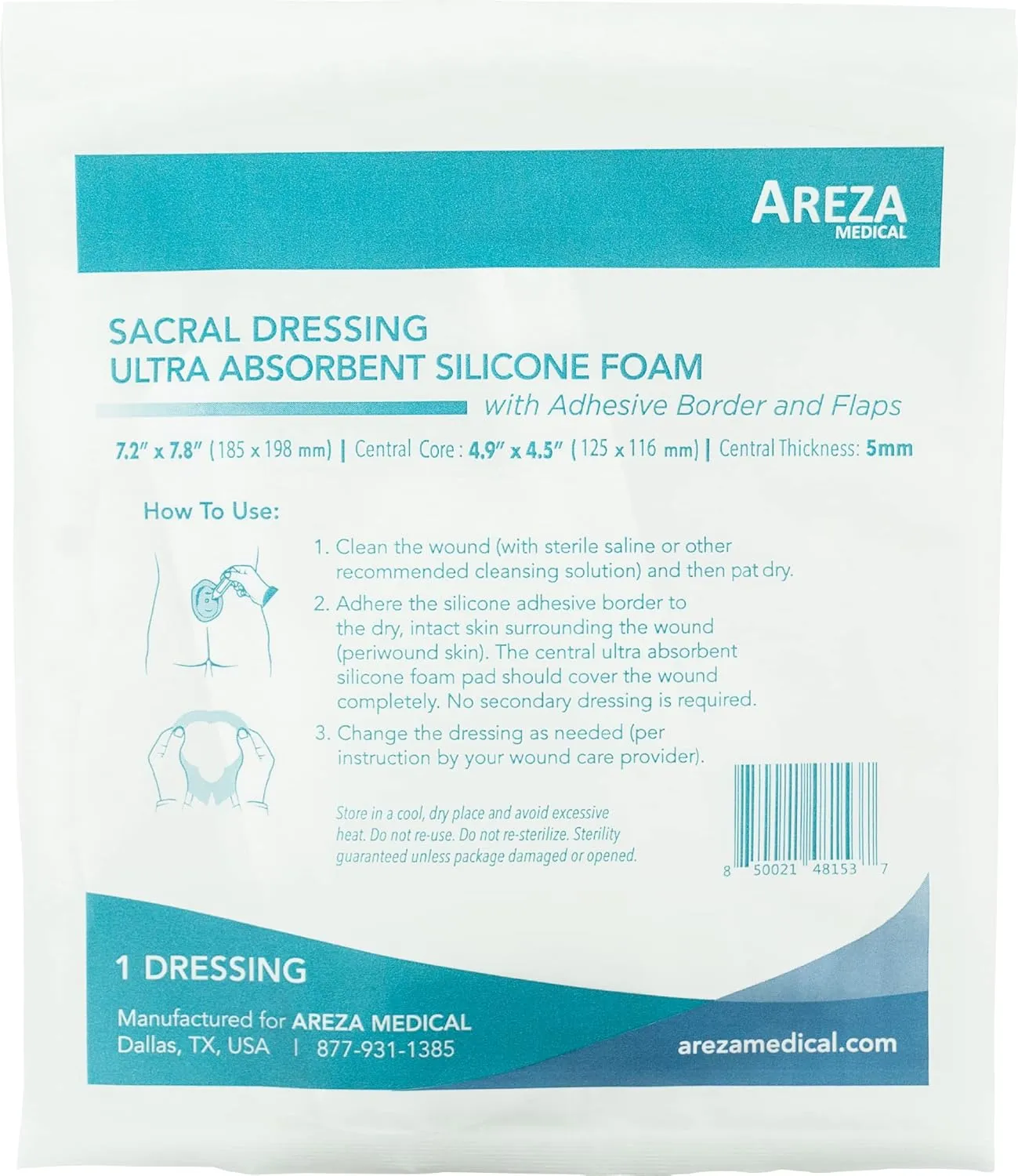 Areza Medical - Silicone Foam with Super-Absorbent Layer - Wound Dressing - Waterproof - with Adhesive Border - Sterile - Designed for Sacral Wounds - 7.2" x 7.8" - 10 PCS per Box - FSA/HSA Approved