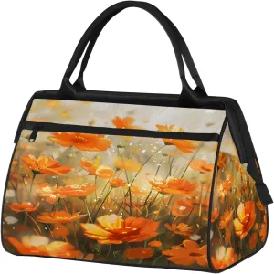 Art Flower Orange Large Travel Duffel Bag Gym Tote Bag for Women Men Waterproof Weekend Overnight Bag Carry On Tote Luggage with Pocket Personal Item Bags Sports Bag fit Travel Sports Gym Yoga