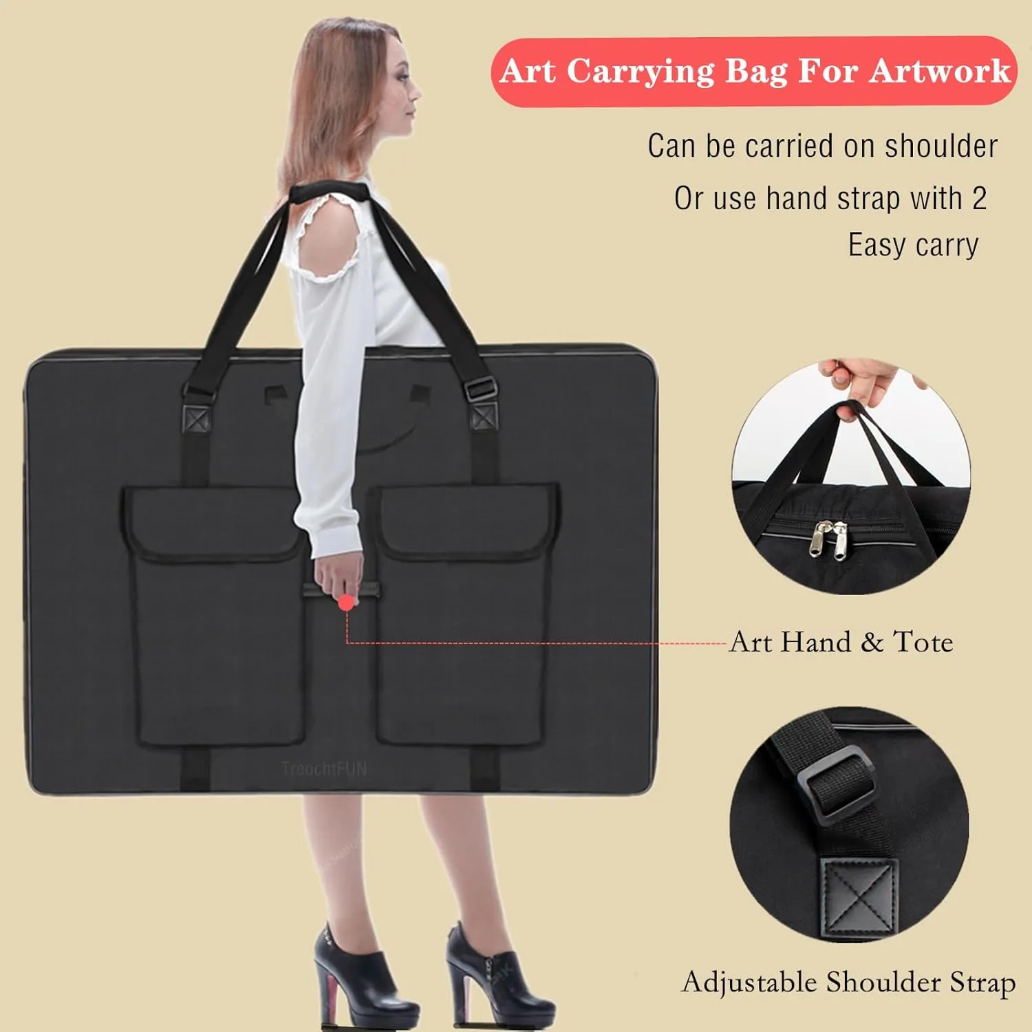 Art Portfolio Bag 36 x 48, Waterproof Artist Carrying Bag Soft Side Sturdy with Strap, Heavy Duty Storage for Artwork Drawing Canvas Poster,(Black)