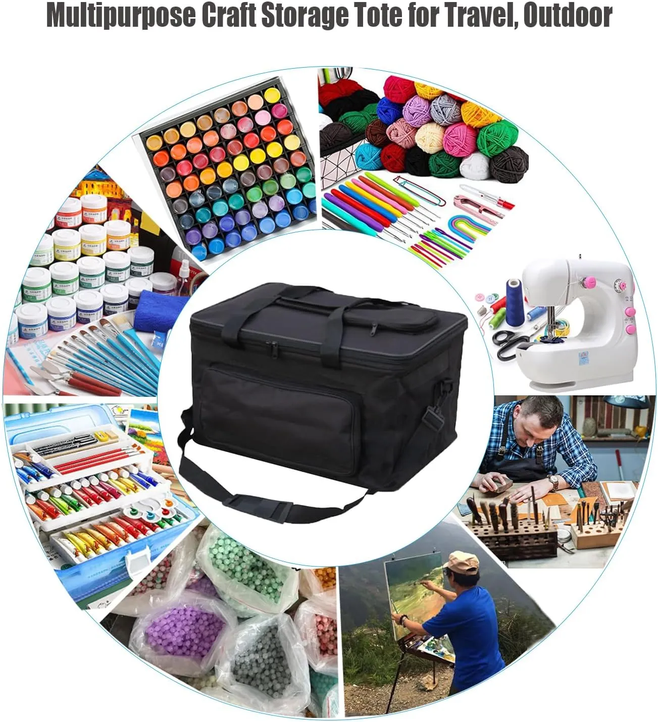 Art Supplies Organizer Bag Craft Tool Storage Tote Carrying Case Artist Travel Carrier Waterproof Paint Box Foldable For Drawing Painting Large Capacity black HHB-009 18.5*11.8*10.6inch(47*30*27cm)