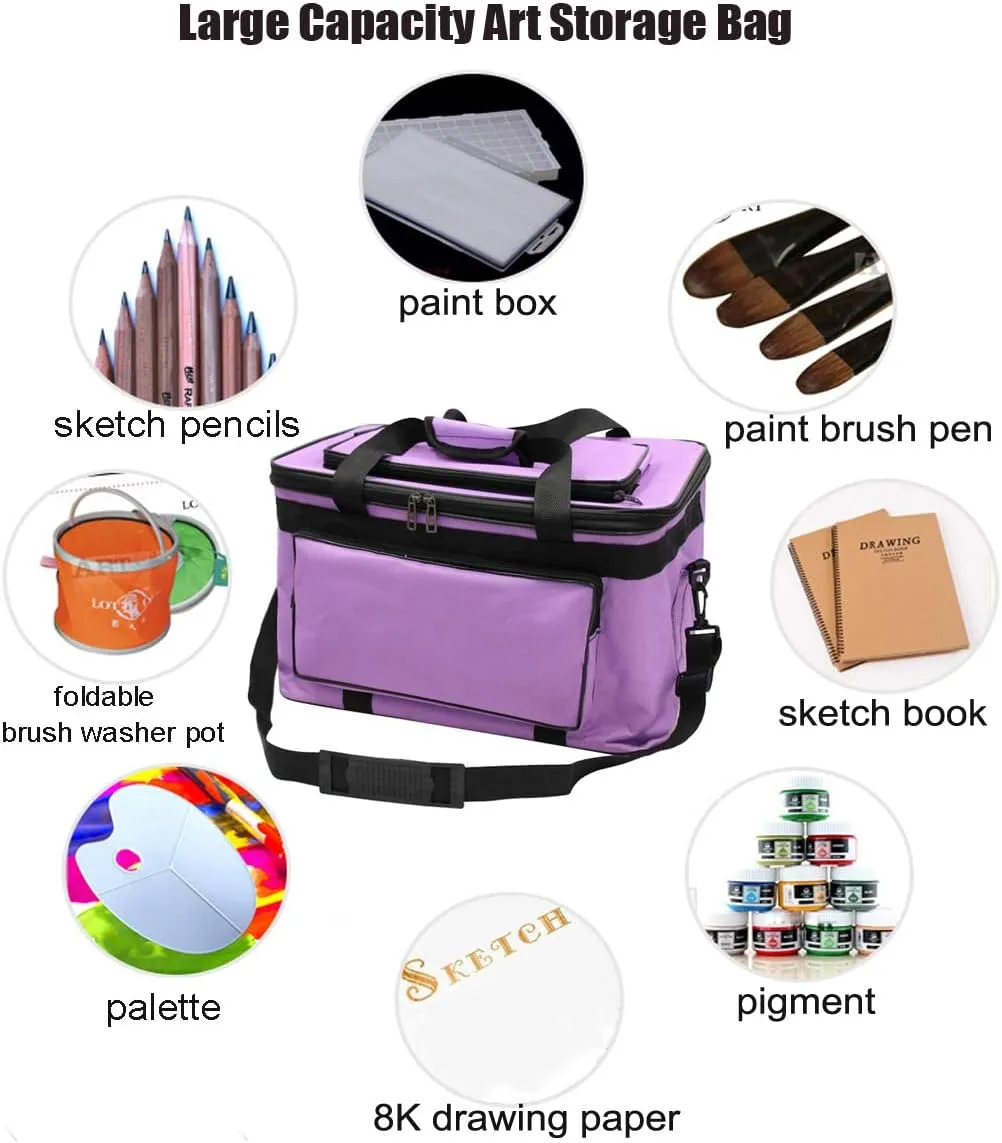Art Supplies Organizer Bag Craft Tool Storage Tote Carrying Case Artist Travel Carrier Waterproof Paint Box Foldable For Drawing Sketch Painting Large Capacity, purple, 18.5x11.8x10.6inch(47x30x27cm)