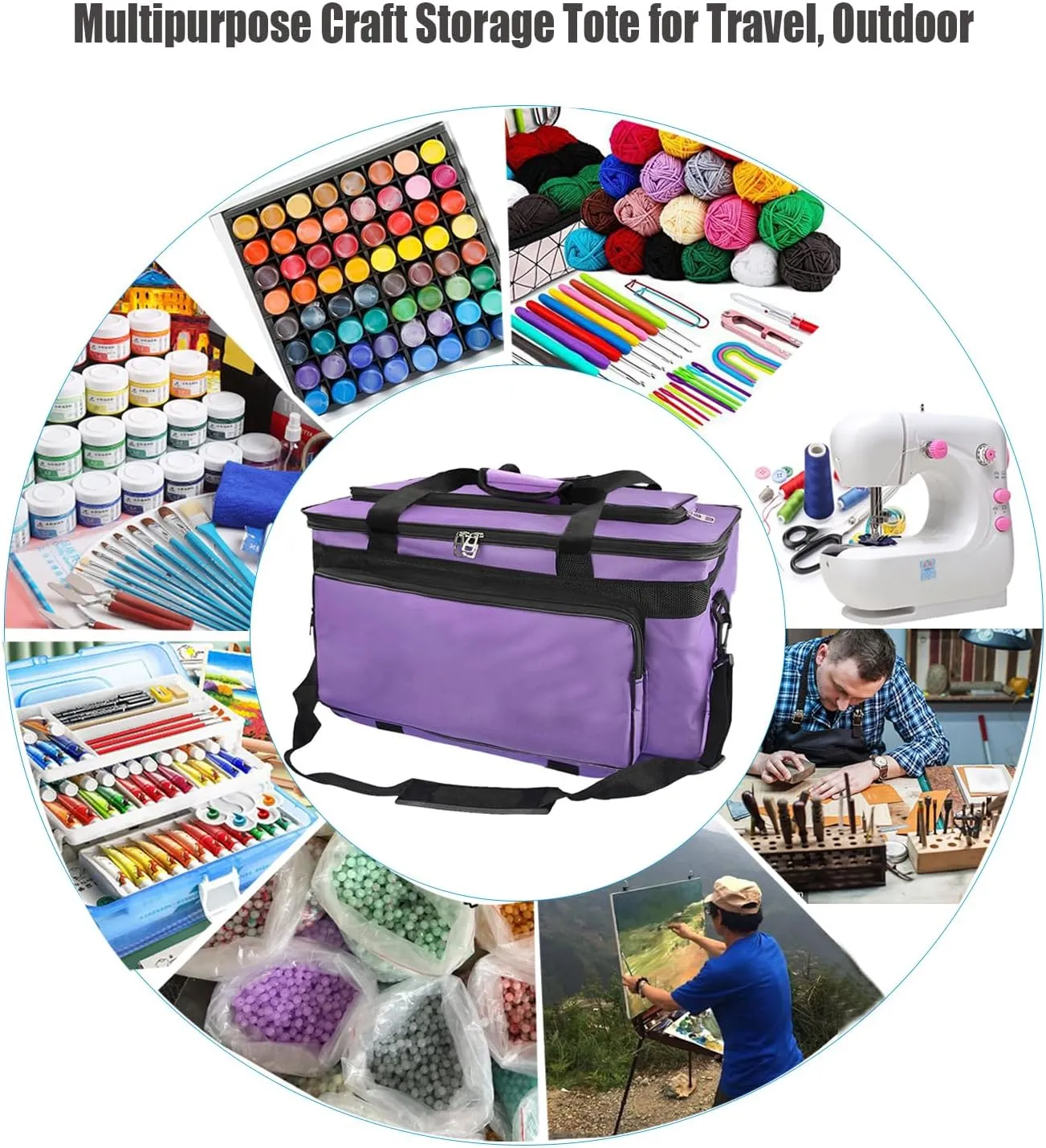 Art Supplies Organizer Bag Craft Tool Storage Tote Carrying Case Artist Travel Carrier Waterproof Paint Box Foldable For Drawing Sketch Painting Large Capacity, purple, 18.5x11.8x10.6inch(47x30x27cm)