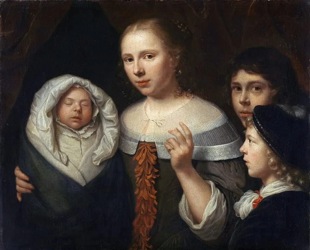 ArtDirect Wallerant Vaillant 18x15 Gallery Wrapped Canvas Museum Art Print Titled: Portrait of a Young Woman with Three Children (1650-1677)