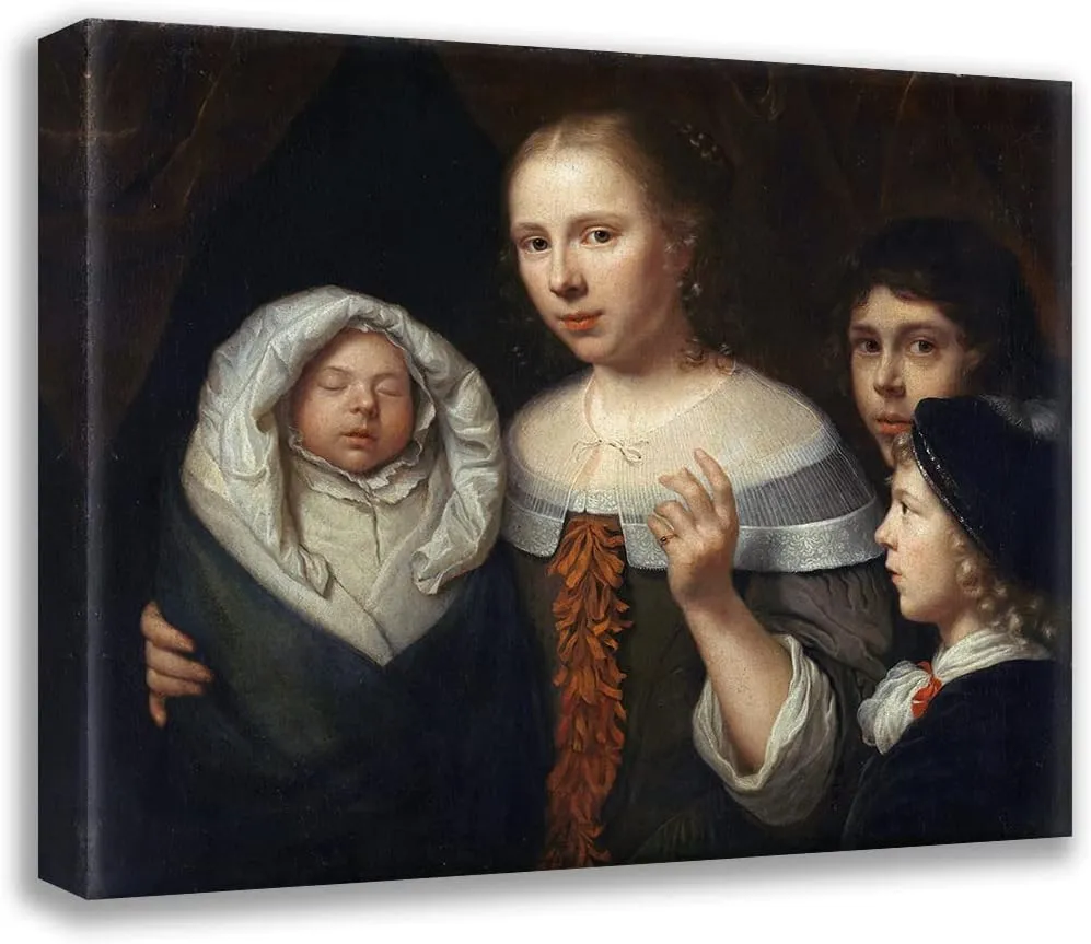ArtDirect Wallerant Vaillant 18x15 Gallery Wrapped Canvas Museum Art Print Titled: Portrait of a Young Woman with Three Children (1650-1677)
