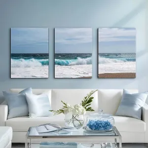 Artistry Canvas Art Set of 3 Beach Wrapped Canvas Wall Decor Framed Seaside Landscape Wall Art Ocean Wave Pictures Artwork Prints Coastal Painting Decor for Office, Living Room, Bedroom 12" x 16"