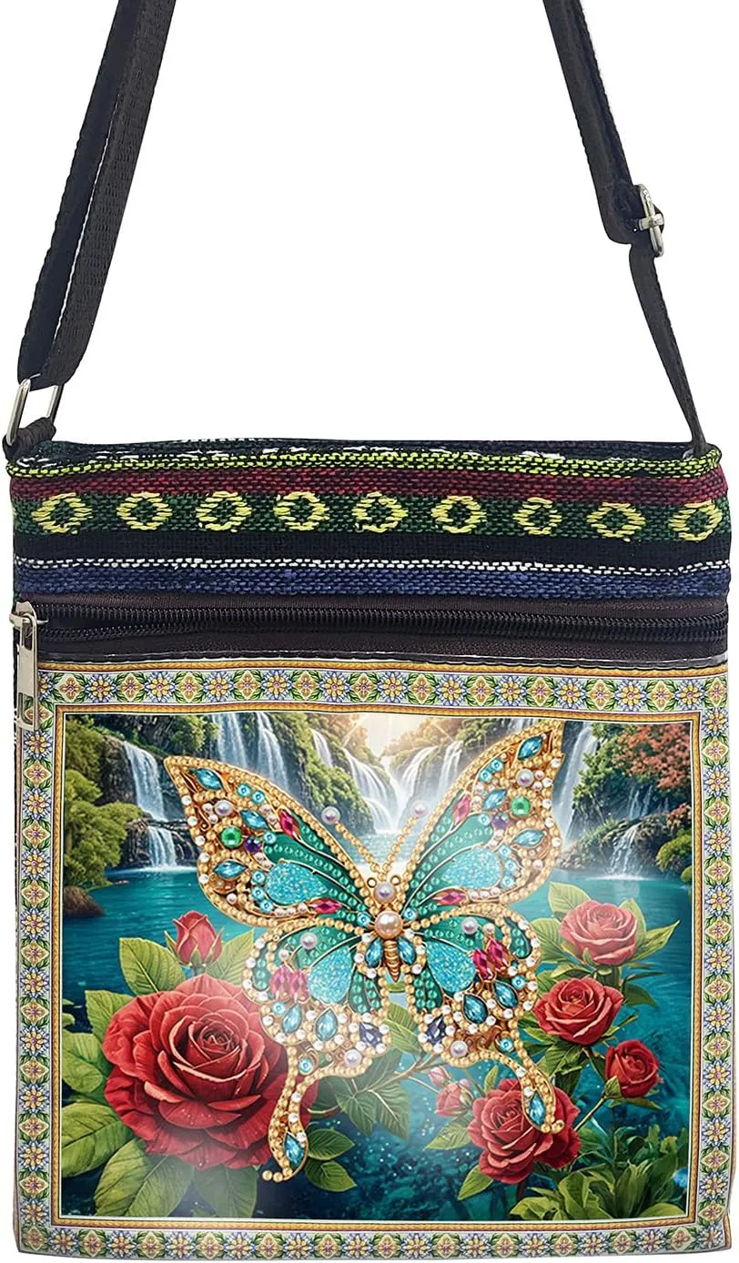 ARTopet DIY Diamond Art Painting Canvas Crossbody Bag Black Ethnic Minority Shoulder Purses Beach Bag Special Shaped Crystal by Numbers Mosaic Kits for Women-Rose Butterfly