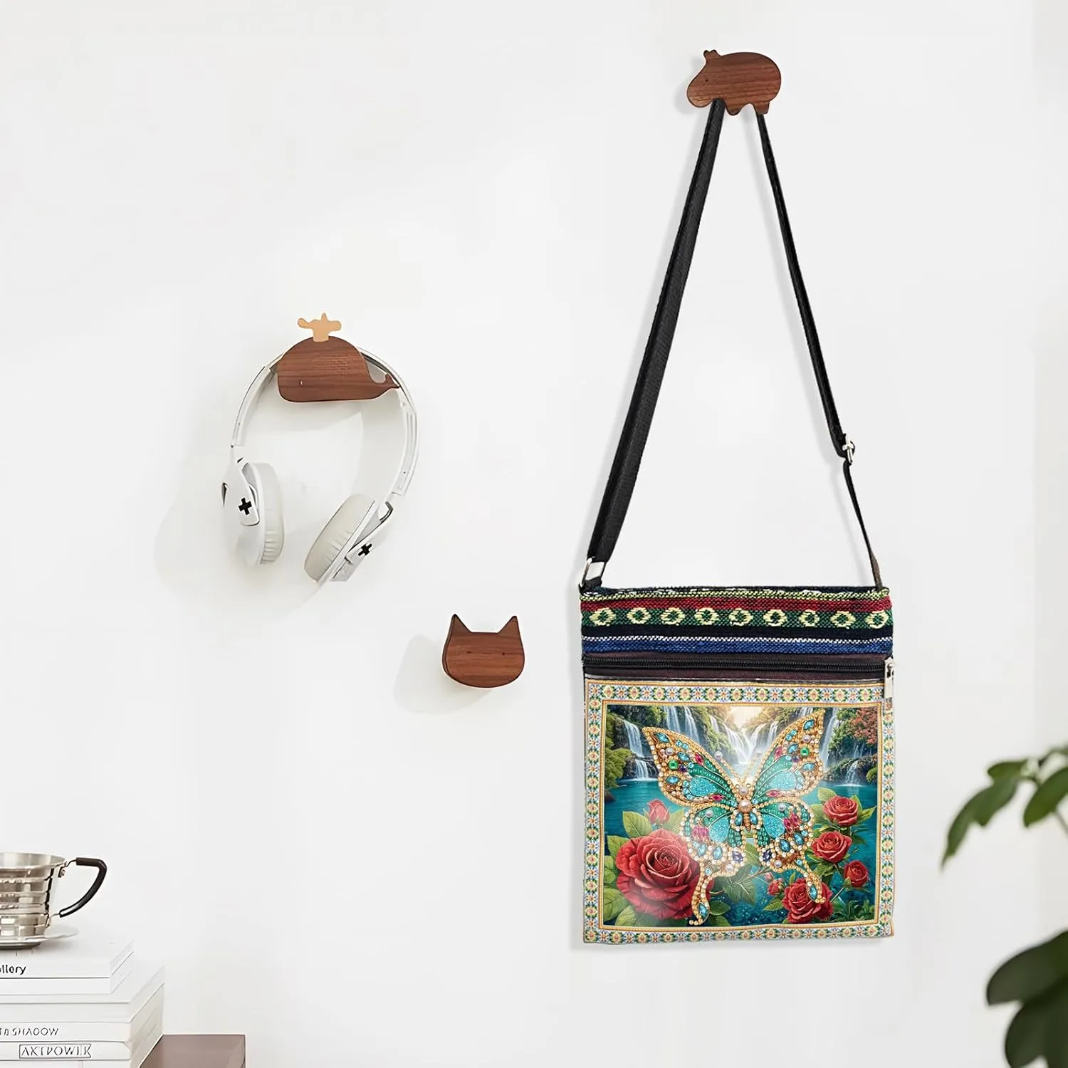 ARTopet DIY Diamond Art Painting Canvas Crossbody Bag Black Ethnic Minority Shoulder Purses Beach Bag Special Shaped Crystal by Numbers Mosaic Kits for Women-Rose Butterfly