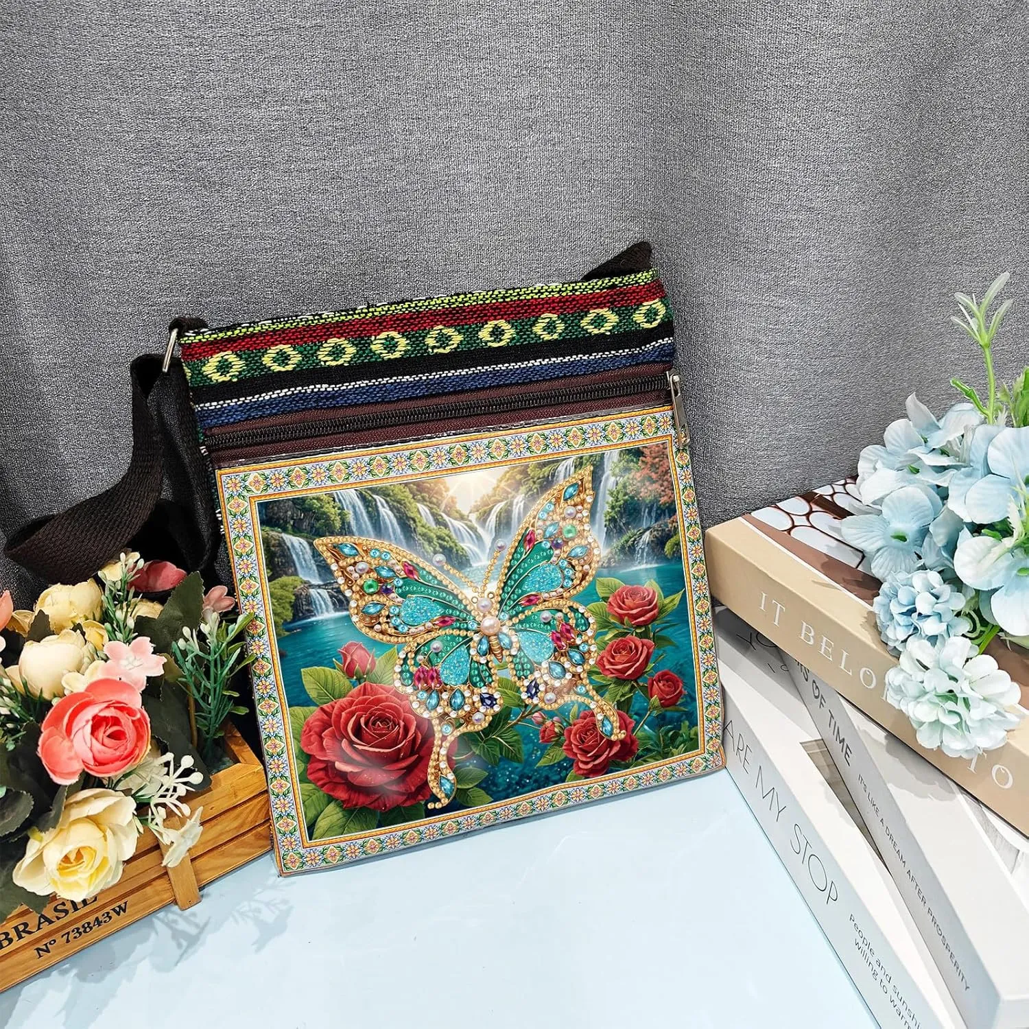 ARTopet DIY Diamond Art Painting Canvas Crossbody Bag Black Ethnic Minority Shoulder Purses Beach Bag Special Shaped Crystal by Numbers Mosaic Kits for Women-Rose Butterfly