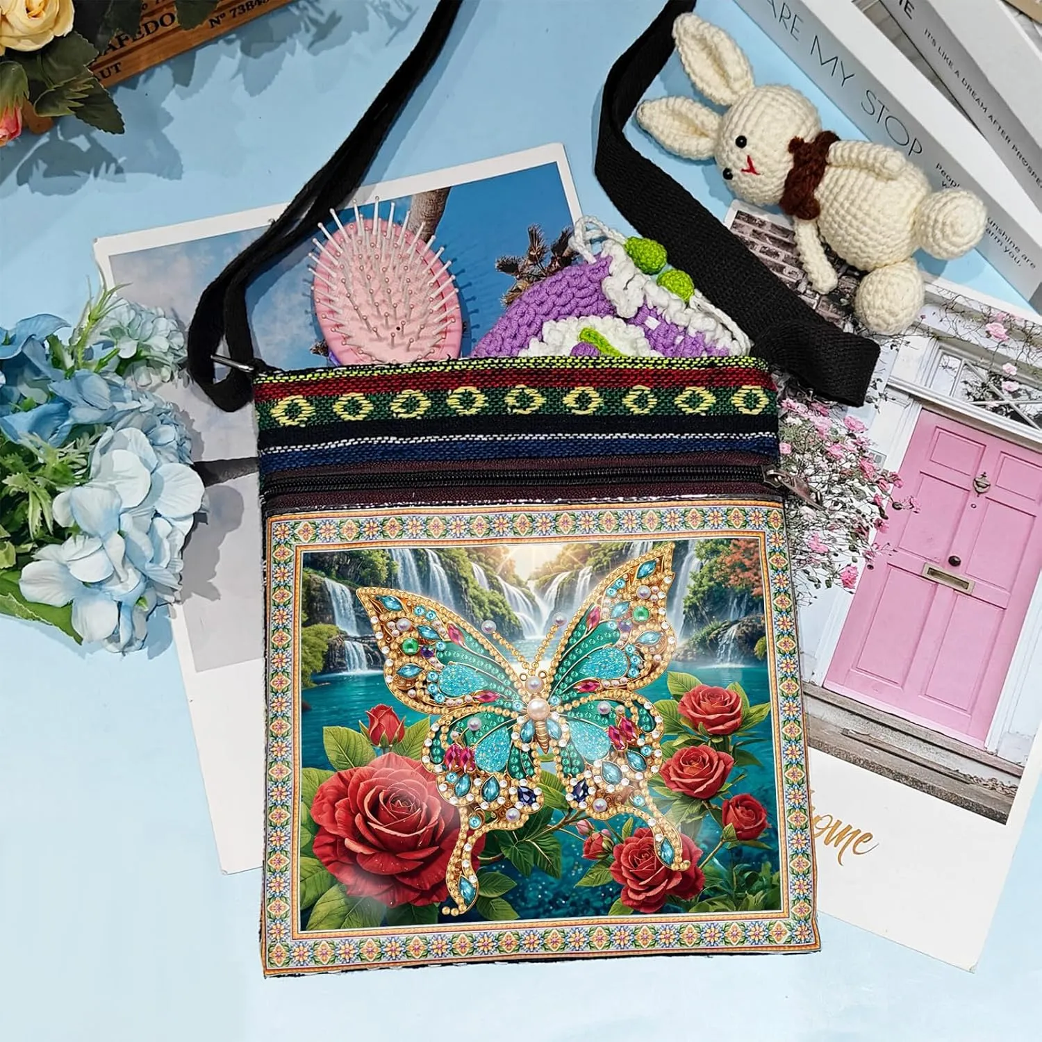 ARTopet DIY Diamond Art Painting Canvas Crossbody Bag Black Ethnic Minority Shoulder Purses Beach Bag Special Shaped Crystal by Numbers Mosaic Kits for Women-Rose Butterfly