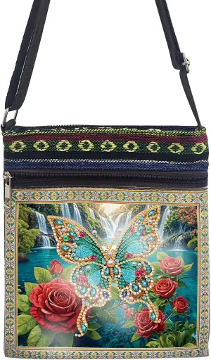 ARTopet DIY Diamond Art Painting Canvas Crossbody Bag Black Ethnic Minority Shoulder Purses Beach Bag Special Shaped Crystal by Numbers Mosaic Kits for Women-Rose Butterfly