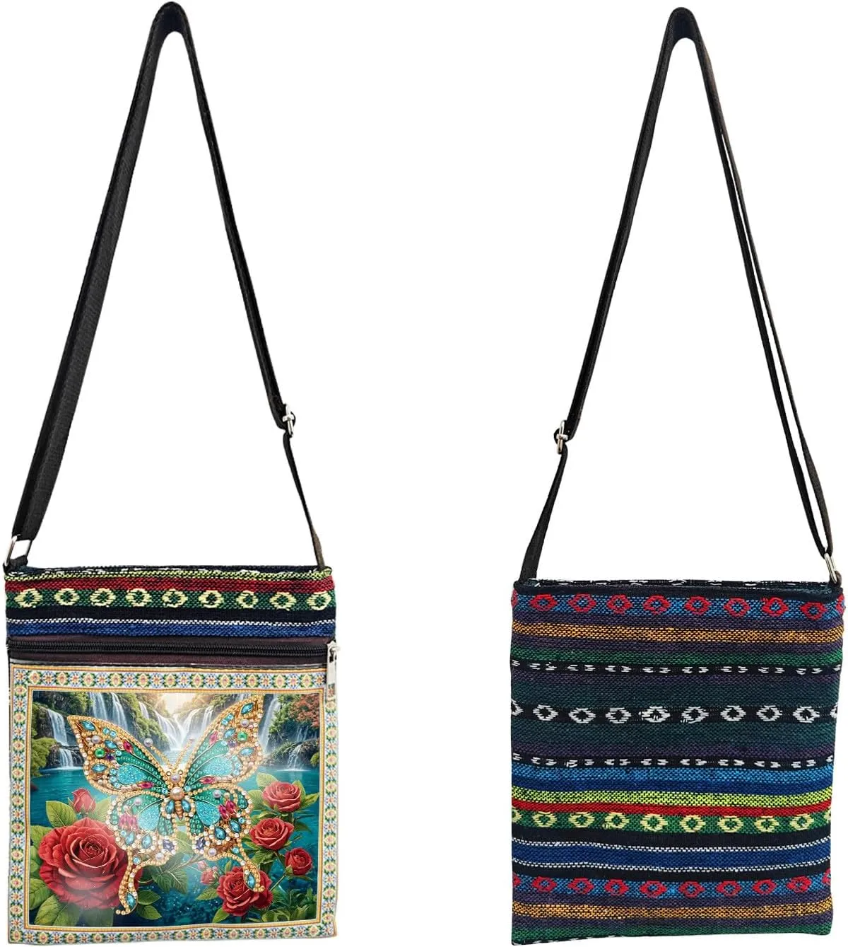 ARTopet DIY Diamond Art Painting Canvas Crossbody Bag Black Ethnic Minority Shoulder Purses Beach Bag Special Shaped Crystal by Numbers Mosaic Kits for Women-Rose Butterfly