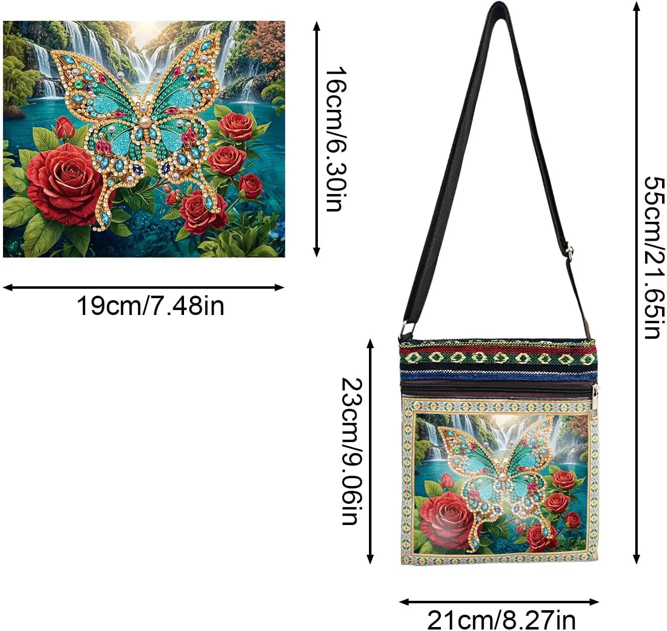 ARTopet DIY Diamond Art Painting Canvas Crossbody Bag Black Ethnic Minority Shoulder Purses Beach Bag Special Shaped Crystal by Numbers Mosaic Kits for Women-Rose Butterfly