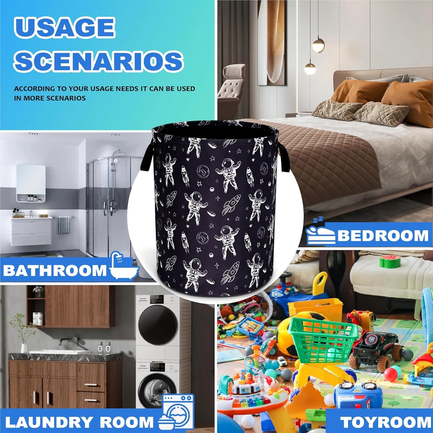 Astronaut Laundry Basket Oxford Cloth Planet Rocket Laundry Hamper With Handle Foldable Portable Clothes Storage Basket 18.9 X 16.5 Inch Storage Bag For Laundry Room/Bathroom/Bedroom/Dormitories