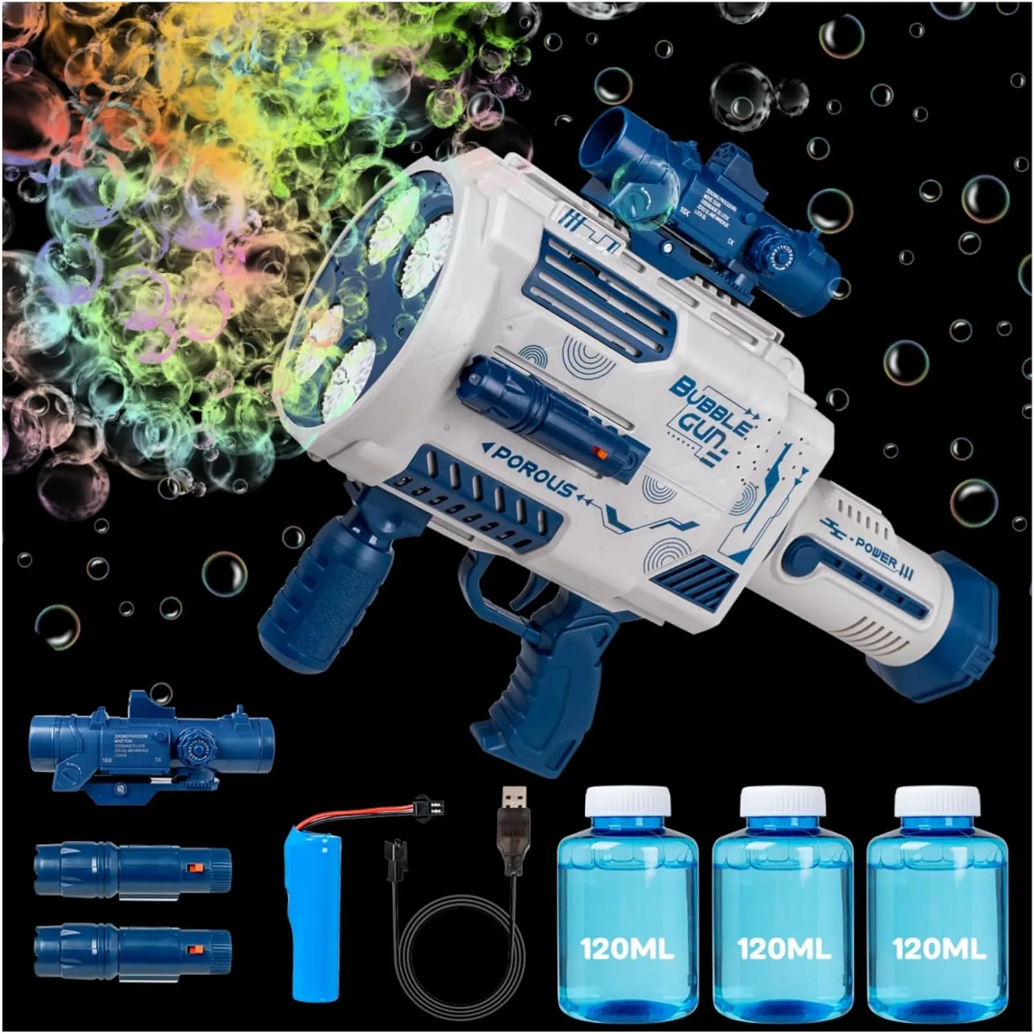 Auto-Fill Bubble Machine Gun for Kids - 48 Holes Rechargeable Bubble Blaster with LED Lights,Electric Bazooka Cannon Toy for Outdoor Wedding Party Summer Boys Gifts,No Spill Kids Shooter Toys (Blue)