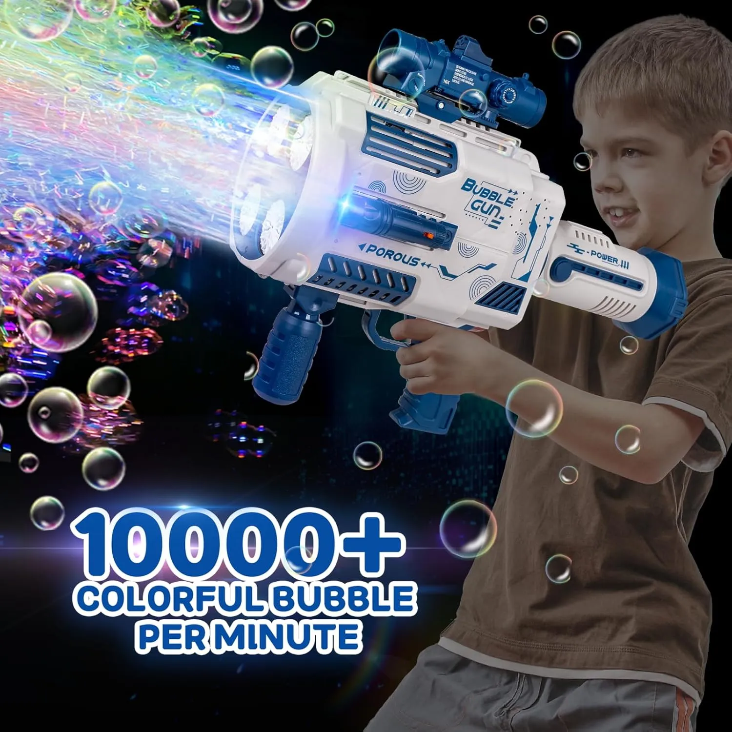 Auto-Fill Bubble Machine Gun for Kids - 48 Holes Rechargeable Bubble Blaster with LED Lights,Electric Bazooka Cannon Toy for Outdoor Wedding Party Summer Boys Gifts,No Spill Kids Shooter Toys (Blue)