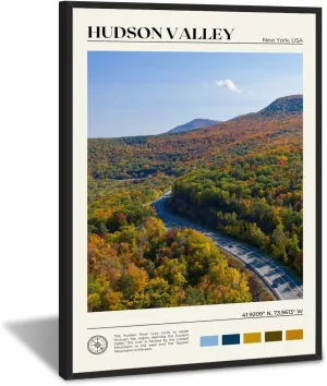 Autumn Hudson Valley Highway New York Landscape picture Wall Art Natural poster Panoramic Road Aerial View Urban Landmark Wall Decor for Living Room，Bedroom，Office Gallery 16x24inch black framed