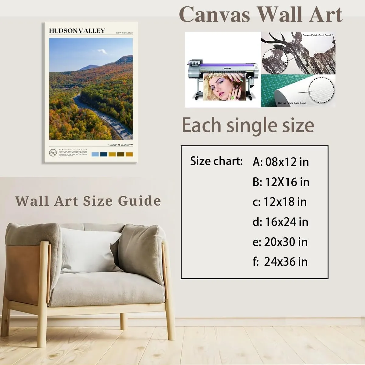 Autumn Hudson Valley Highway New York Landscape picture Wall Art Natural poster Panoramic Road Aerial View Urban Landmark Wall Decor for Living Room，Bedroom，Office Gallery 16x24inch black framed