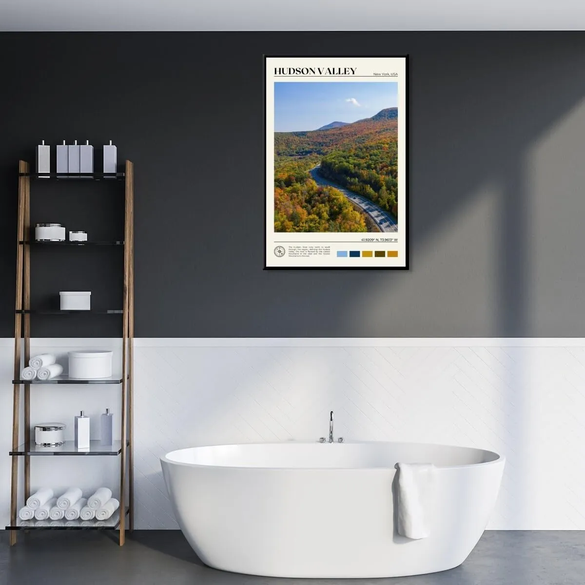 Autumn Hudson Valley Highway New York Landscape picture Wall Art Natural poster Panoramic Road Aerial View Urban Landmark Wall Decor for Living Room，Bedroom，Office Gallery 16x24inch black framed