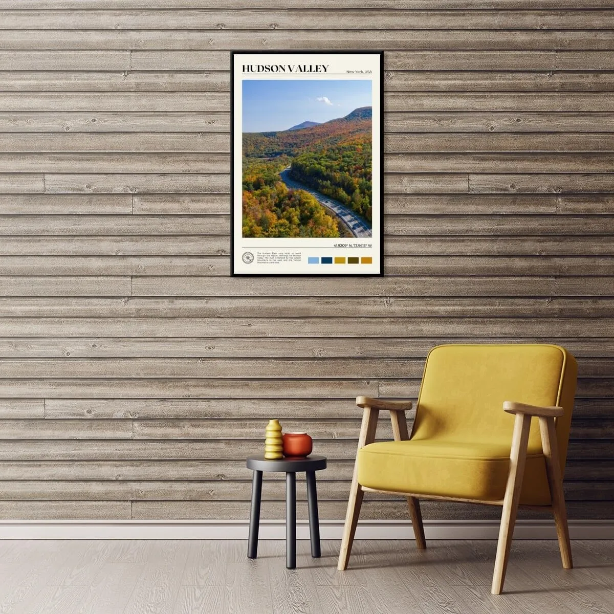 Autumn Hudson Valley Highway New York Landscape picture Wall Art Natural poster Panoramic Road Aerial View Urban Landmark Wall Decor for Living Room，Bedroom，Office Gallery 16x24inch black framed