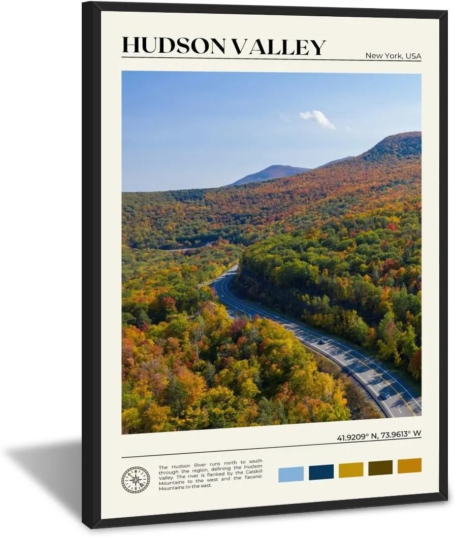 Autumn Hudson Valley Highway New York Landscape picture Wall Art Natural poster Panoramic Road Aerial View Urban Landmark Wall Decor for Living Room，Bedroom，Office Gallery 16x24inch black framed