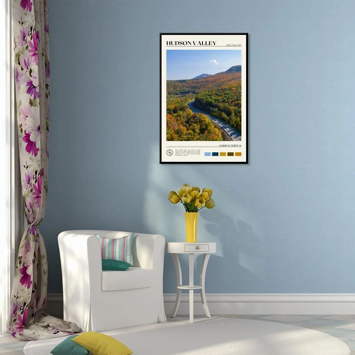 Autumn Hudson Valley Highway New York Landscape picture Wall Art Natural poster Panoramic Road Aerial View Urban Landmark Wall Decor for Living Room，Bedroom，Office Gallery 16x24inch black framed