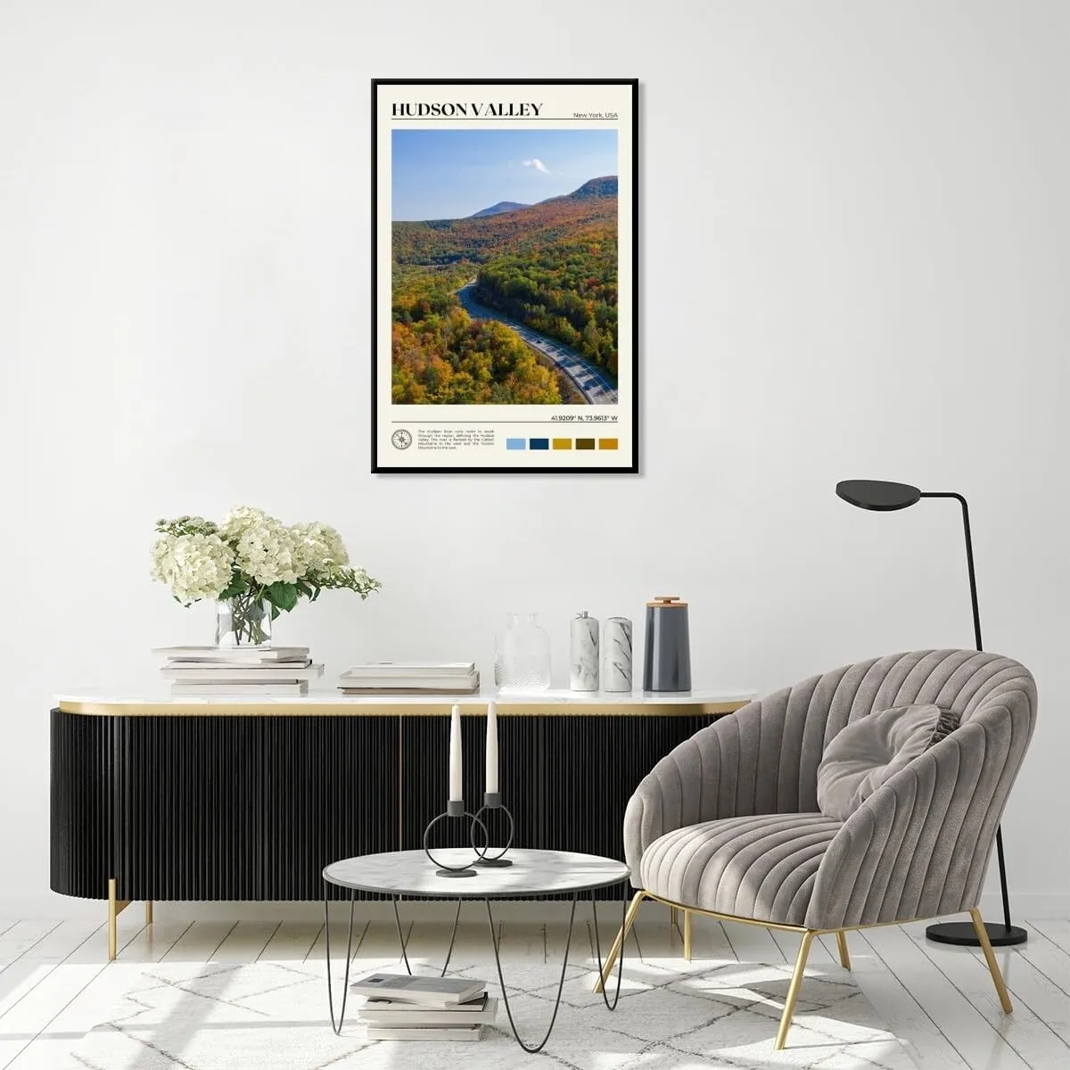 Autumn Hudson Valley Highway New York Landscape picture Wall Art Natural poster Panoramic Road Aerial View Urban Landmark Wall Decor for Living Room，Bedroom，Office Gallery 16x24inch black framed