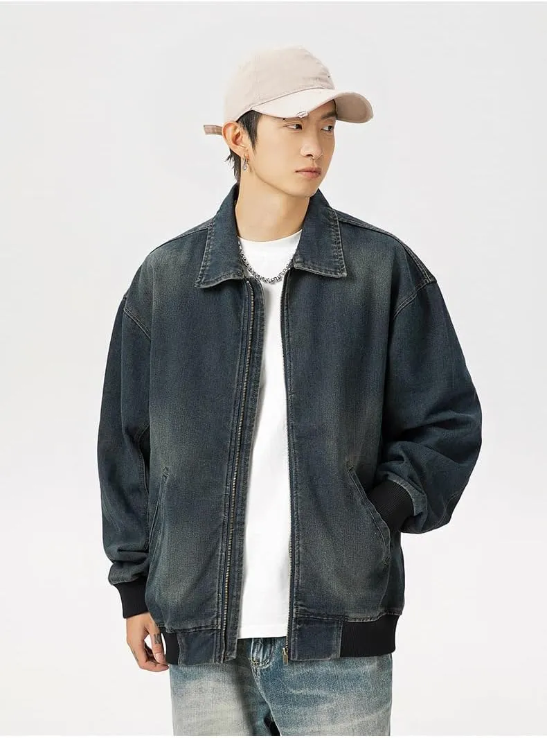 Aviator Style Denim Jacket Functional Workwear Loose Coat
