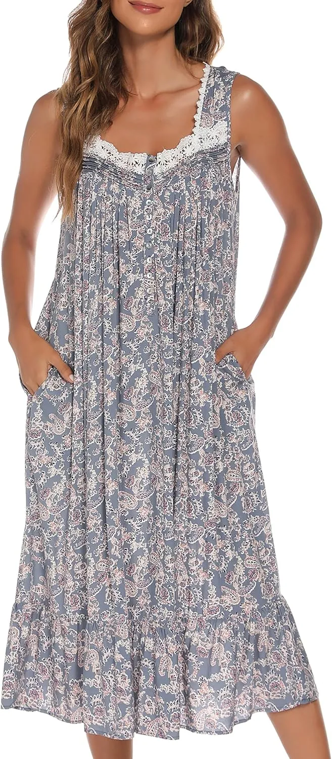 AVIIER Cotton Nightgowns for Women Sleeveless House Dress Ladies Long Nightdress with Pockets S-XXL