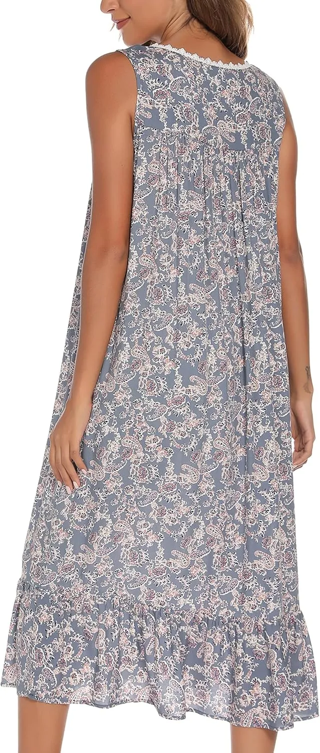 AVIIER Cotton Nightgowns for Women Sleeveless House Dress Ladies Long Nightdress with Pockets S-XXL