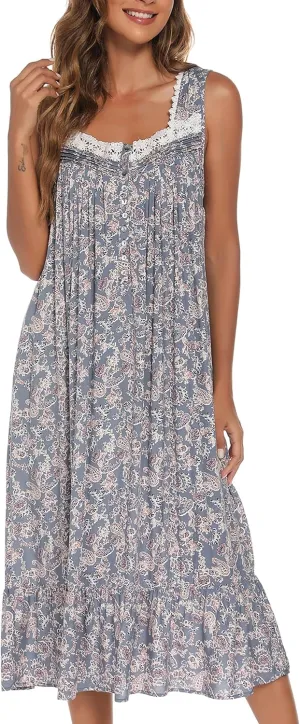 AVIIER Cotton Nightgowns for Women Sleeveless House Dress Ladies Long Nightdress with Pockets S-XXL