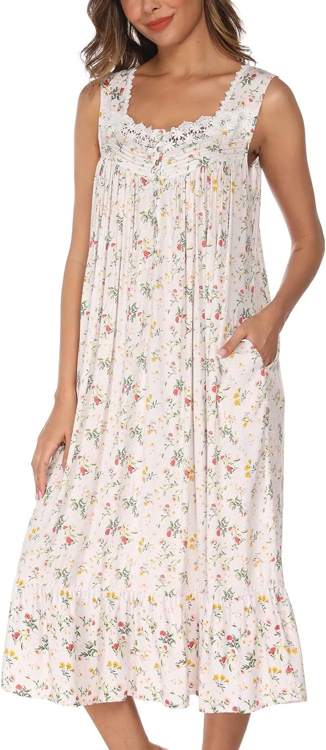 AVIIER Cotton Nightgowns for Women Sleeveless House Dress Ladies Long Nightdress with Pockets S-XXL